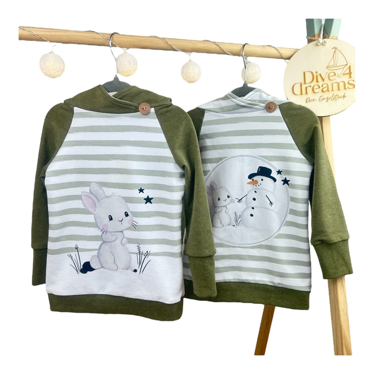 zwei handgemachte Hoodies für Babys & Kinder: einer mit Hasen-Motiv und einer mit Schneemann und Hase - mitwachsend & bequem