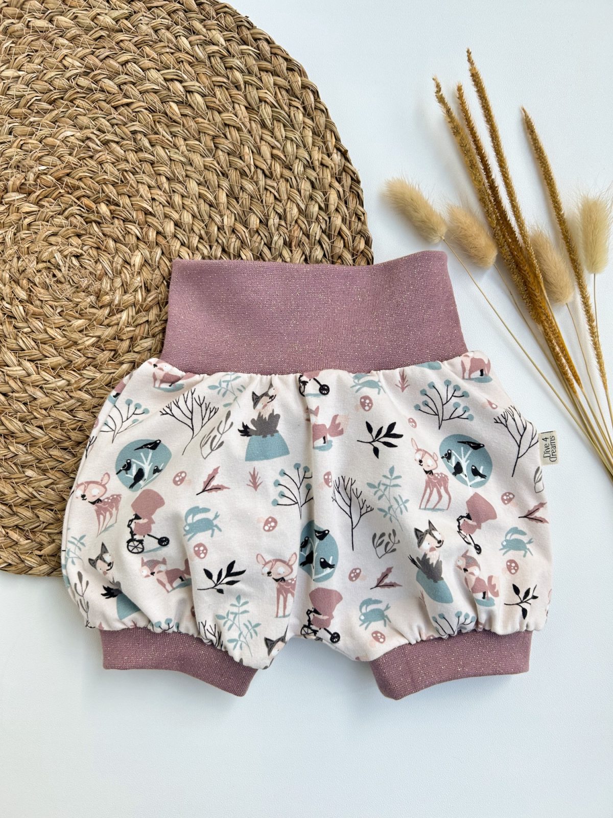 handgemachte kurze Pumphose aus hochwertigem Jersey mit Glitzer-Bündchen für Babys und Kinder