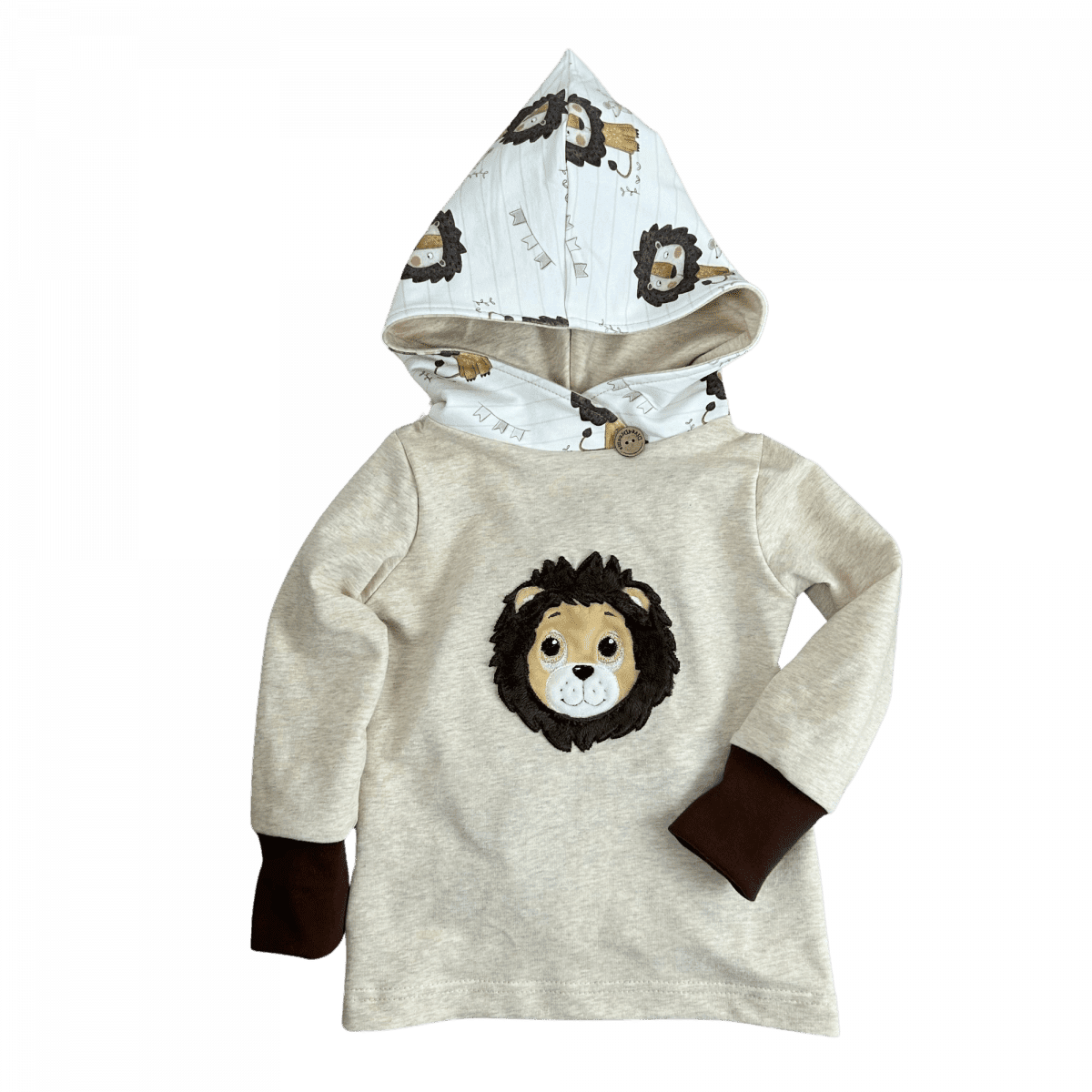 Mitwachsender Hoodie für Babys & Kinder mit süßer Zipfelkapuze (Zwergenkapuze) und Löwenmotiv, handgemacht & individuell.